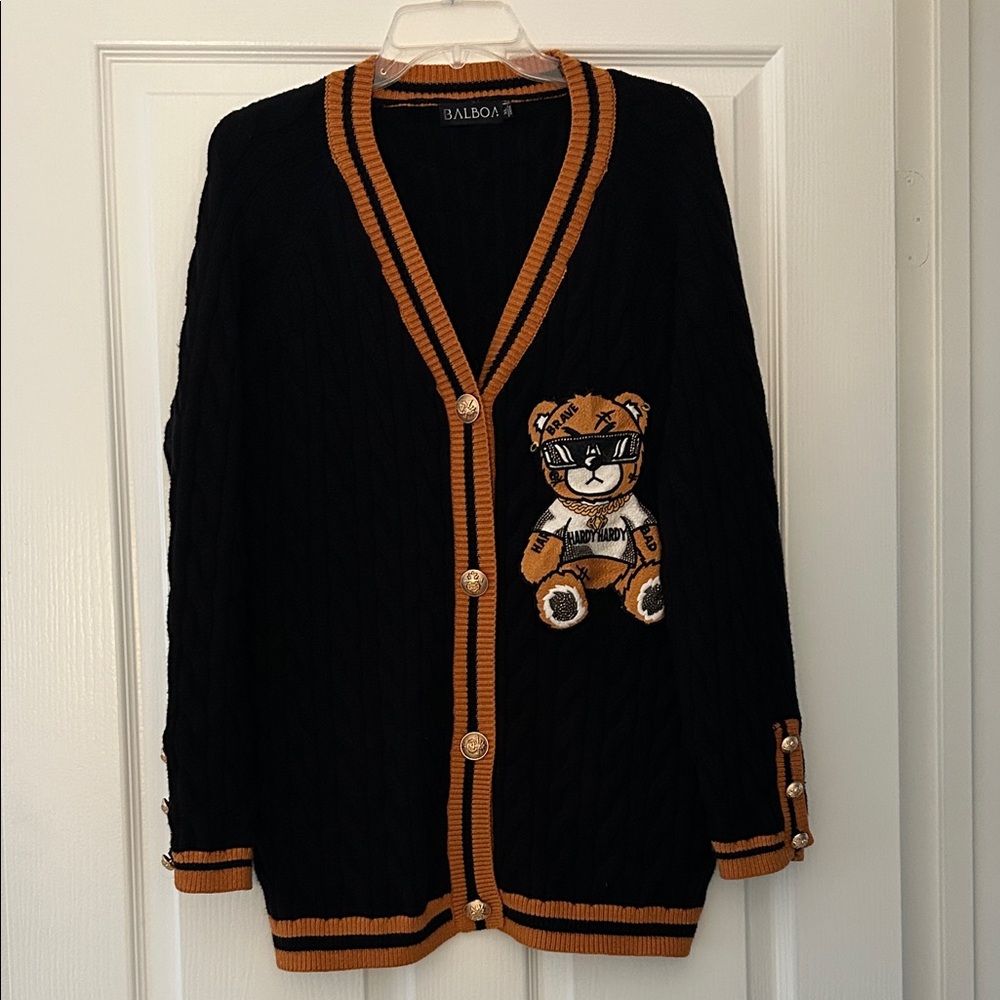 Hardy Hardy Black Cardigan with Bear Patch